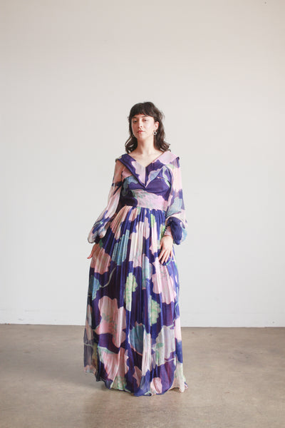 1960s Floral Silk Chiffon Balloon Sleeve Gown