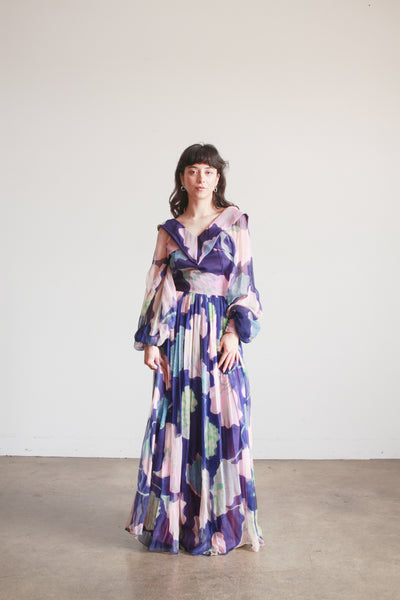 1960s Floral Silk Chiffon Balloon Sleeve Gown