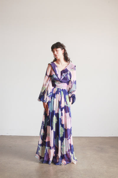 1960s Floral Silk Chiffon Balloon Sleeve Gown