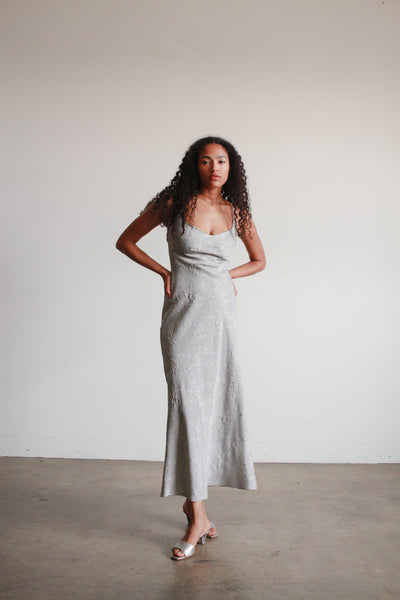 1990s Silver Damask Bias Dress