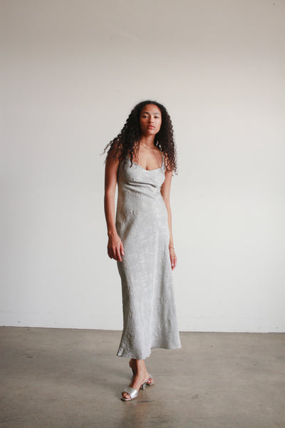 1990s Silver Damask Bias Dress