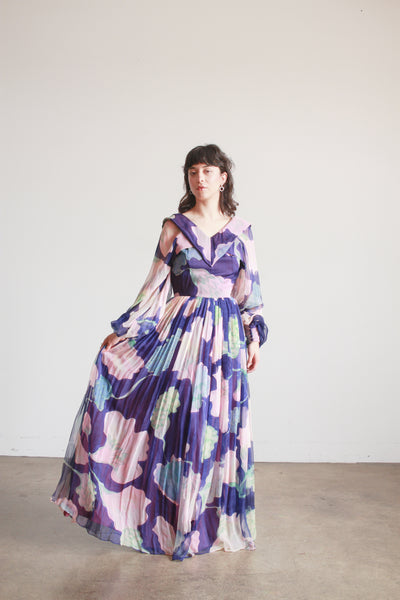 1960s Floral Silk Chiffon Balloon Sleeve Gown