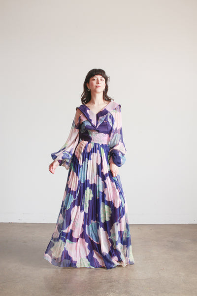 1960s Floral Silk Chiffon Balloon Sleeve Gown
