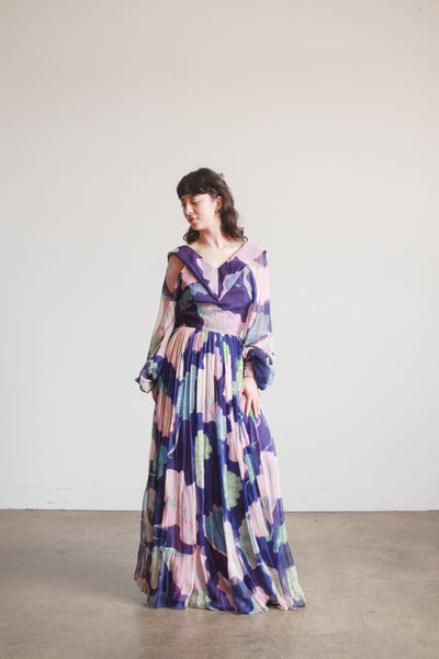 1960s Floral Silk Chiffon Balloon Sleeve Gown