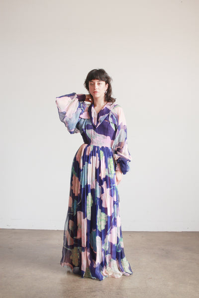 1960s Floral Silk Chiffon Balloon Sleeve Gown
