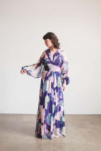 1960s Floral Silk Chiffon Balloon Sleeve Gown
