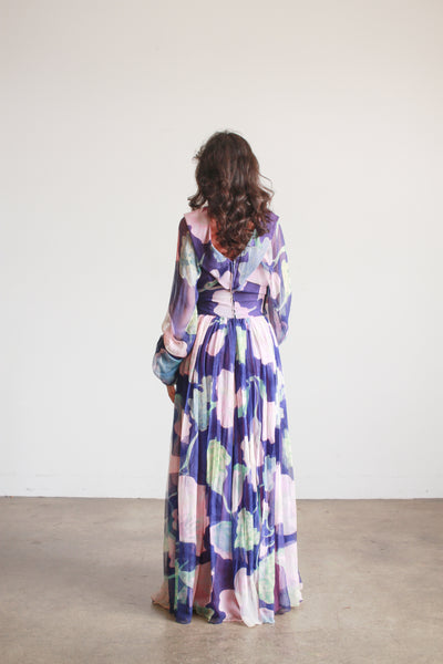 1960s Floral Silk Chiffon Balloon Sleeve Gown