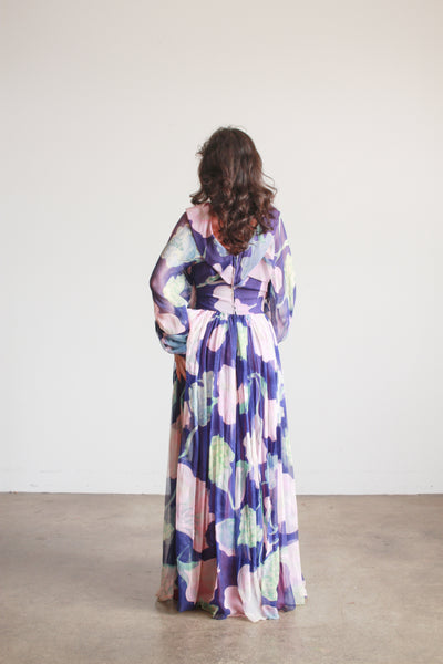 1960s Floral Silk Chiffon Balloon Sleeve Gown