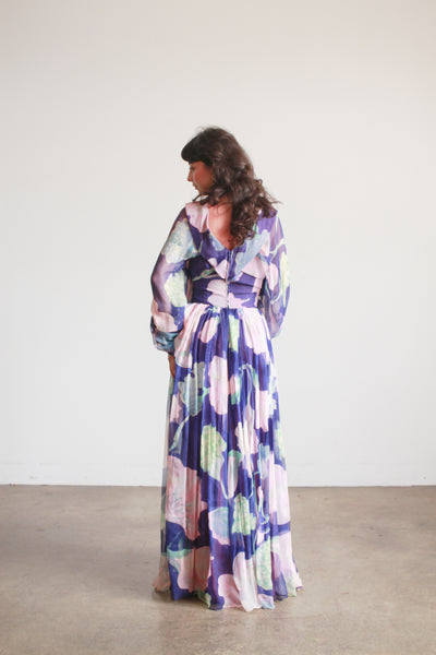 1960s Floral Silk Chiffon Balloon Sleeve Gown