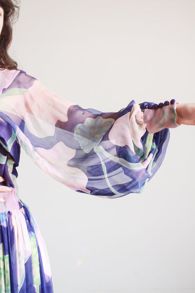 1960s Floral Silk Chiffon Balloon Sleeve Gown