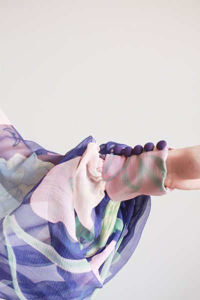 1960s Floral Silk Chiffon Balloon Sleeve Gown
