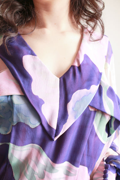 1960s Floral Silk Chiffon Balloon Sleeve Gown