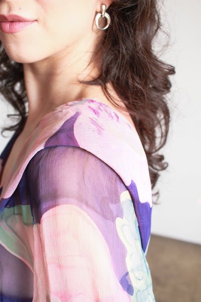 1960s Floral Silk Chiffon Balloon Sleeve Gown
