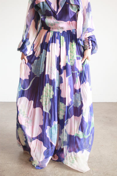 1960s Floral Silk Chiffon Balloon Sleeve Gown