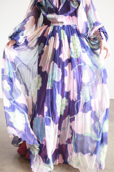 1960s Floral Silk Chiffon Balloon Sleeve Gown