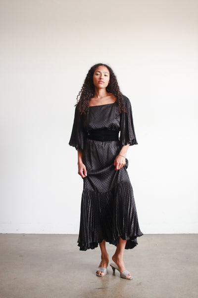 1980s Black Silk Pleated Angel Sleeve Dress