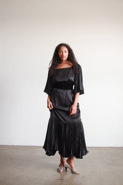 1980s Black Silk Pleated Angel Sleeve Dress