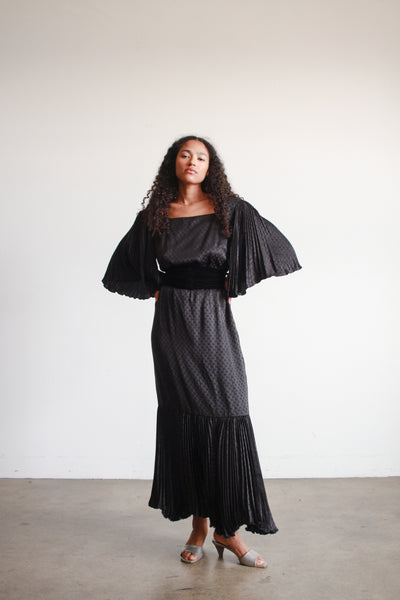 1980s Black Silk Pleated Angel Sleeve Dress