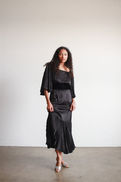 1980s Black Silk Pleated Angel Sleeve Dress