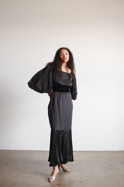 1980s Black Silk Pleated Angel Sleeve Dress