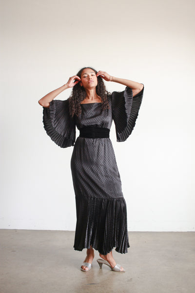 1980s Black Silk Pleated Angel Sleeve Dress