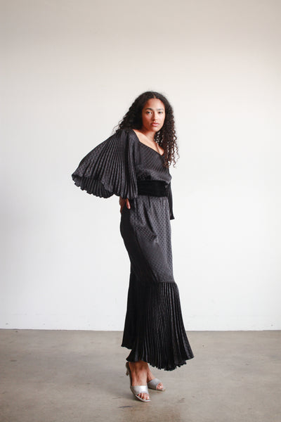 1980s Black Silk Pleated Angel Sleeve Dress