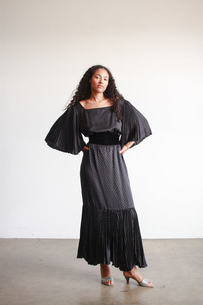 1980s Black Silk Pleated Angel Sleeve Dress