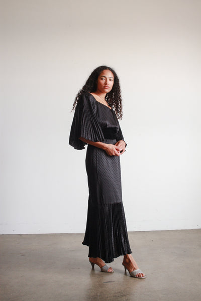 1980s Black Silk Pleated Angel Sleeve Dress