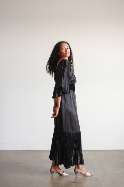 1980s Black Silk Pleated Angel Sleeve Dress