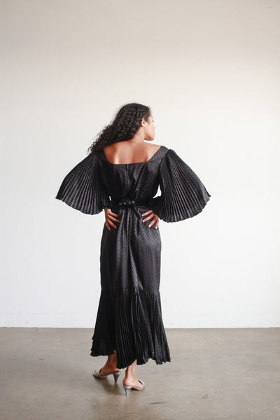 1980s Black Silk Pleated Angel Sleeve Dress