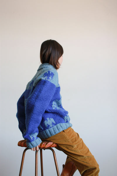 1950s Cobalt Blue Cowichan Knit Zip Sweater