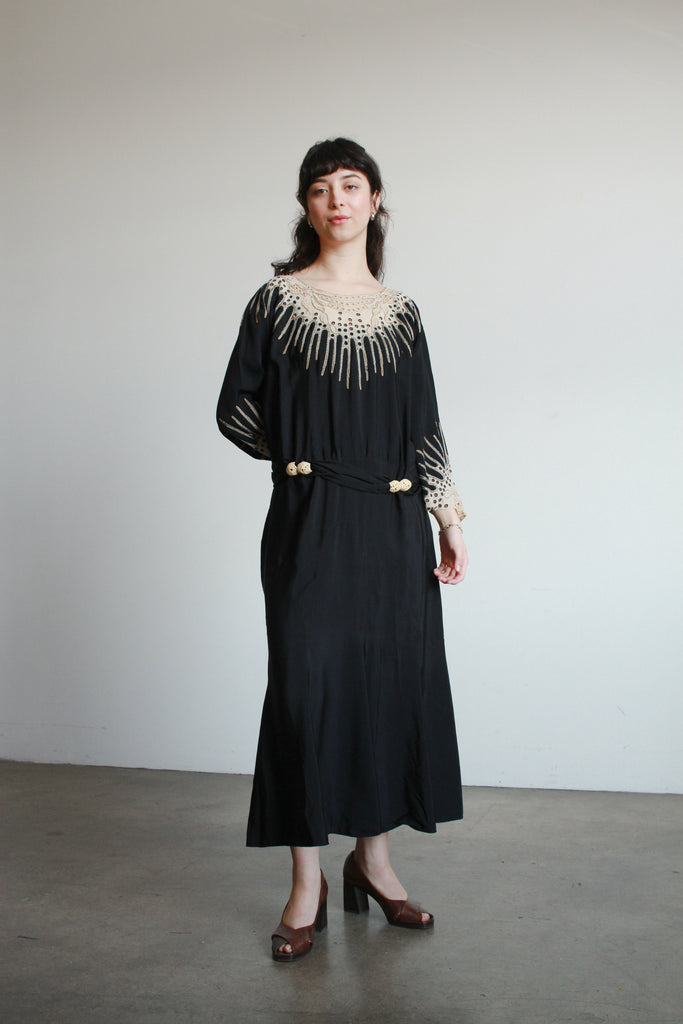 1920s Black Rayon Embellished Drop Waist Dress – Blossom Vintage 1920s Black Rayon Embellished Drop Waist Dress – Blossom Vintage