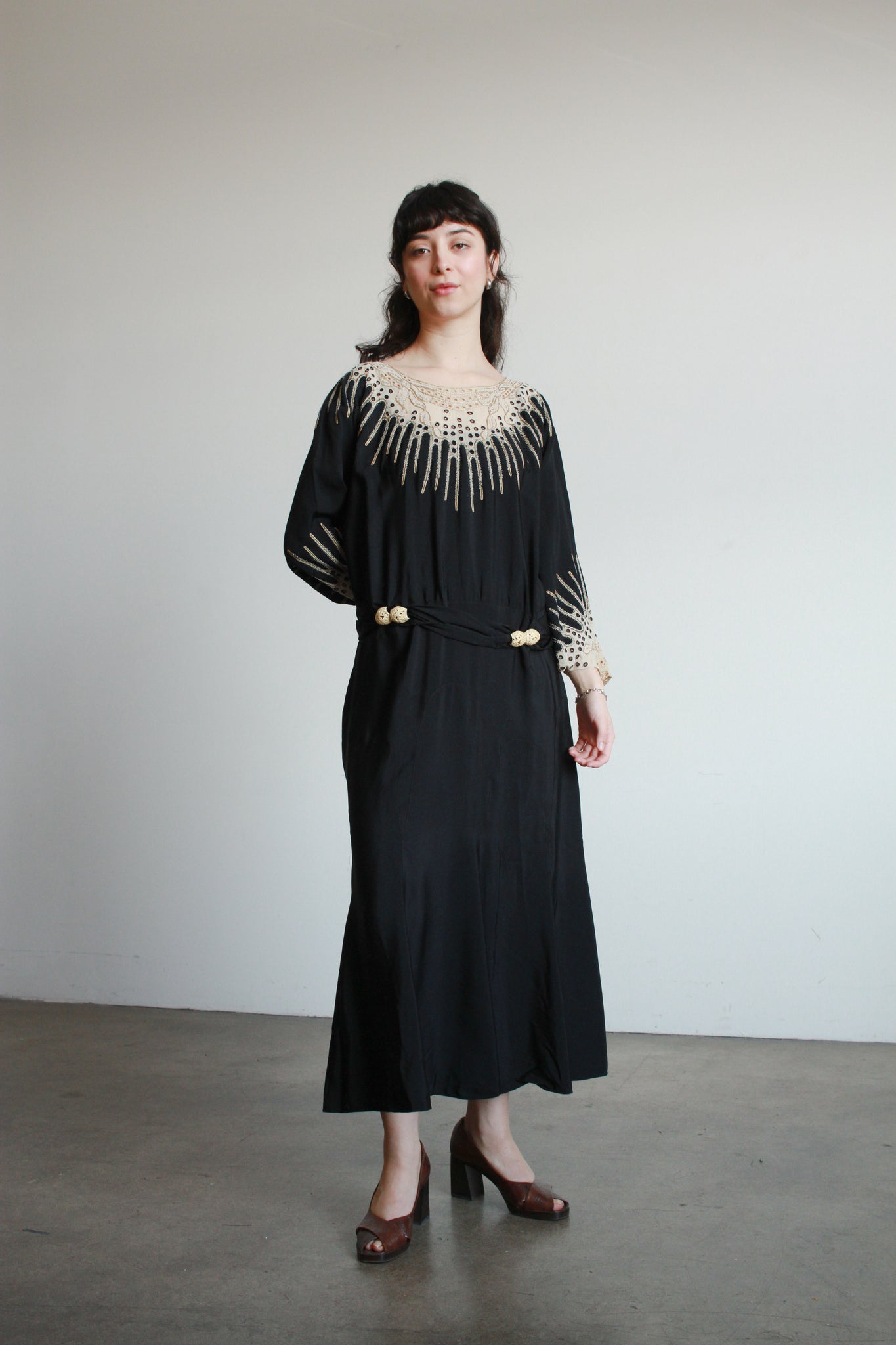 1920s Black Rayon Embellished Drop Waist Dress Blossom Vintage 1920s Black Rayon Embellished Drop Waist Dress Blossom Vintage