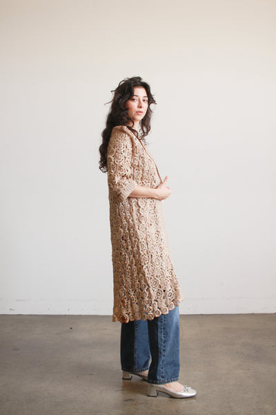 1950s Taupe Raffia Crochet Duster