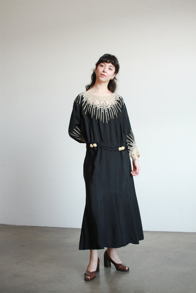1920s Black Rayon Embellished Drop Waist Dress Blossom Vintage 1920s Black Rayon Embellished Drop Waist Dress Blossom Vintage