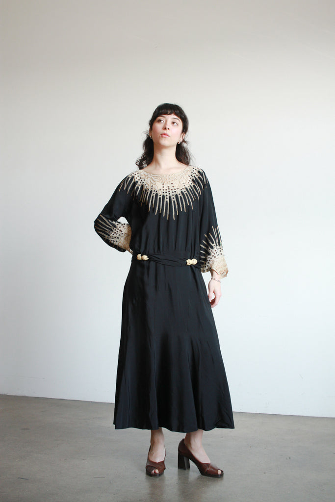 1920s Black Rayon Embellished Drop Waist Dress Blossom Vintage 1920s Black Rayon Embellished Drop Waist Dress Blossom Vintage