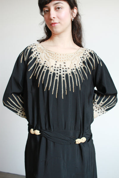 1920s Black Rayon Embellished Drop Waist Dress