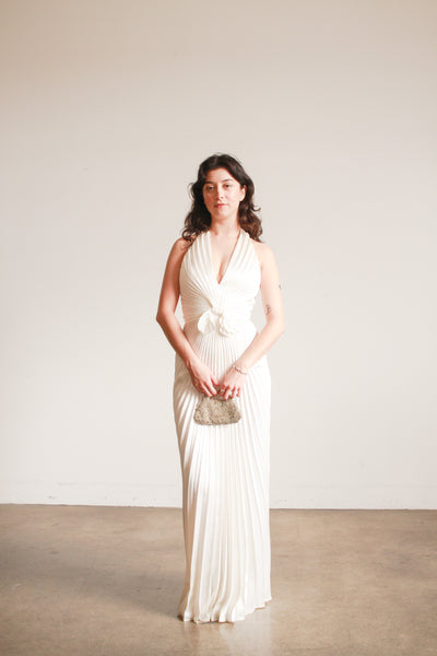 1970s Travilla Ivory Sunburst Pleated Halter Gown