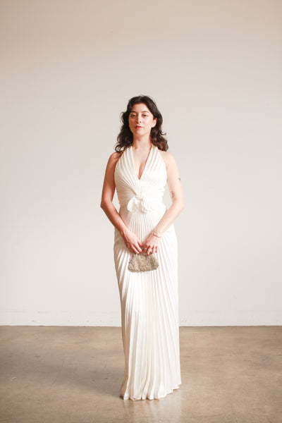 1970s Travilla Ivory Sunburst Pleated Halter Gown