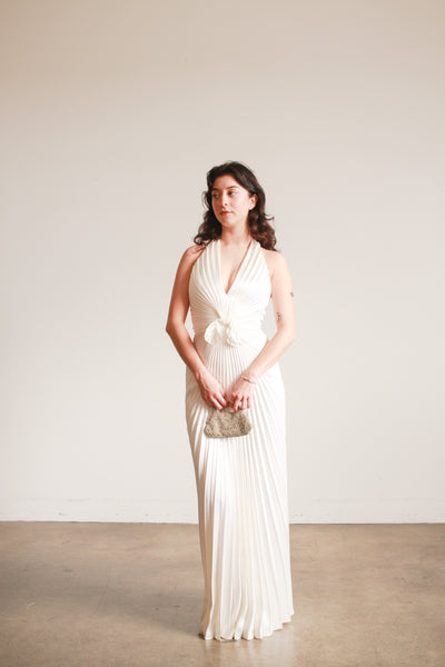 1970s Travilla Ivory Sunburst Pleated Halter Gown