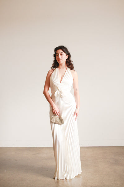 1970s Travilla Ivory Sunburst Pleated Halter Gown