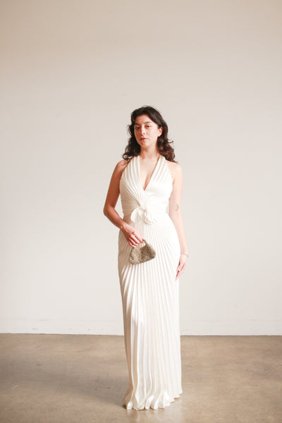 1970s Travilla Ivory Sunburst Pleated Halter Gown