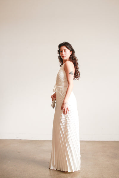 1970s Travilla Ivory Sunburst Pleated Halter Gown