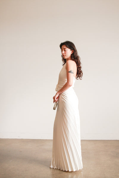 1970s Travilla Ivory Sunburst Pleated Halter Gown