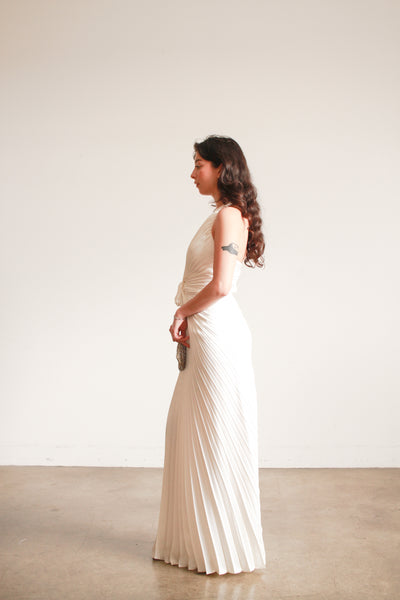 1970s Travilla Ivory Sunburst Pleated Halter Gown