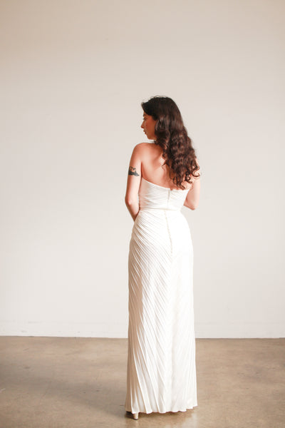 1970s Travilla Ivory Sunburst Pleated Halter Gown