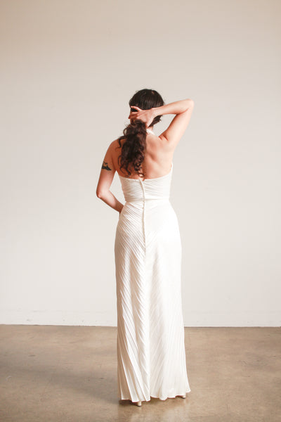 1970s Travilla Ivory Sunburst Pleated Halter Gown
