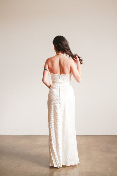 1970s Travilla Ivory Sunburst Pleated Halter Gown