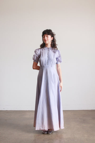 1940s Periwinkle Taffeta Puff Sleeve Gown