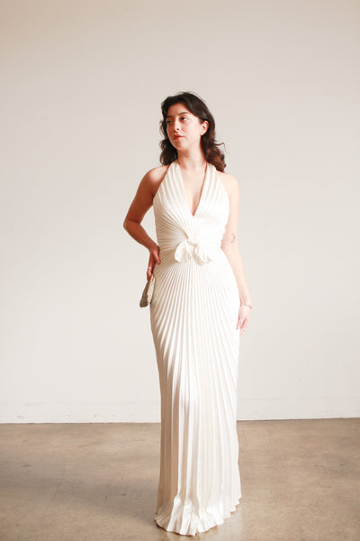 1970s Travilla Ivory Sunburst Pleated Halter Gown